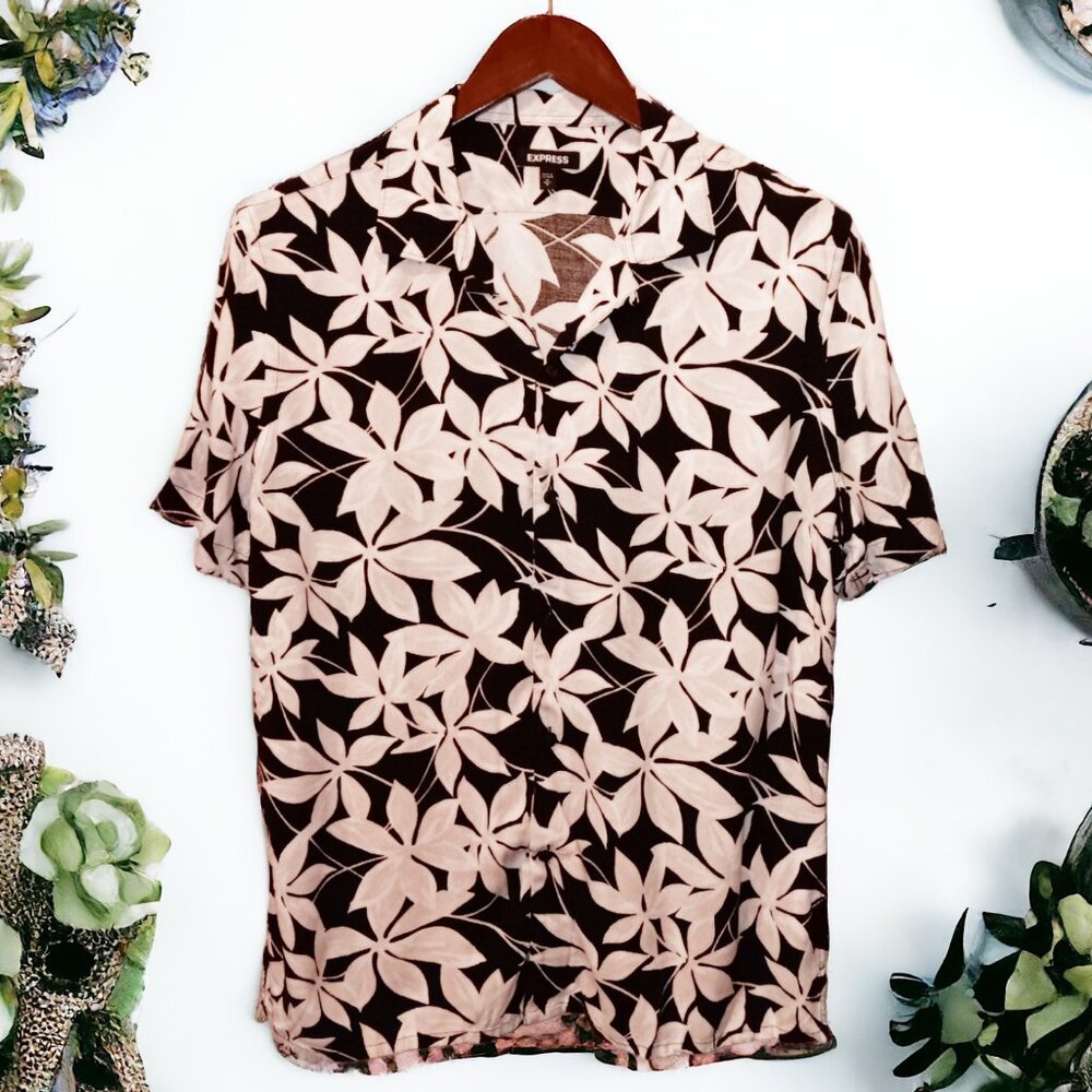 Express ★ Men's Rayon Short Sleeve Button-Up ★ Tahiti Summer Floral Print